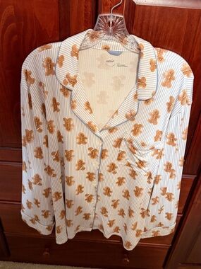 Women’s Aerie Gingerbread Print Button-Up Pajama Top - White & Brown